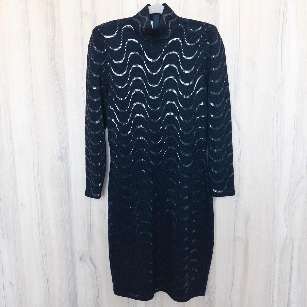 Vintage Lillie Rubin Sequin Sweater Dress Size 6 Black Mock Neck Retro Glam Chic - Picture 2 of 8